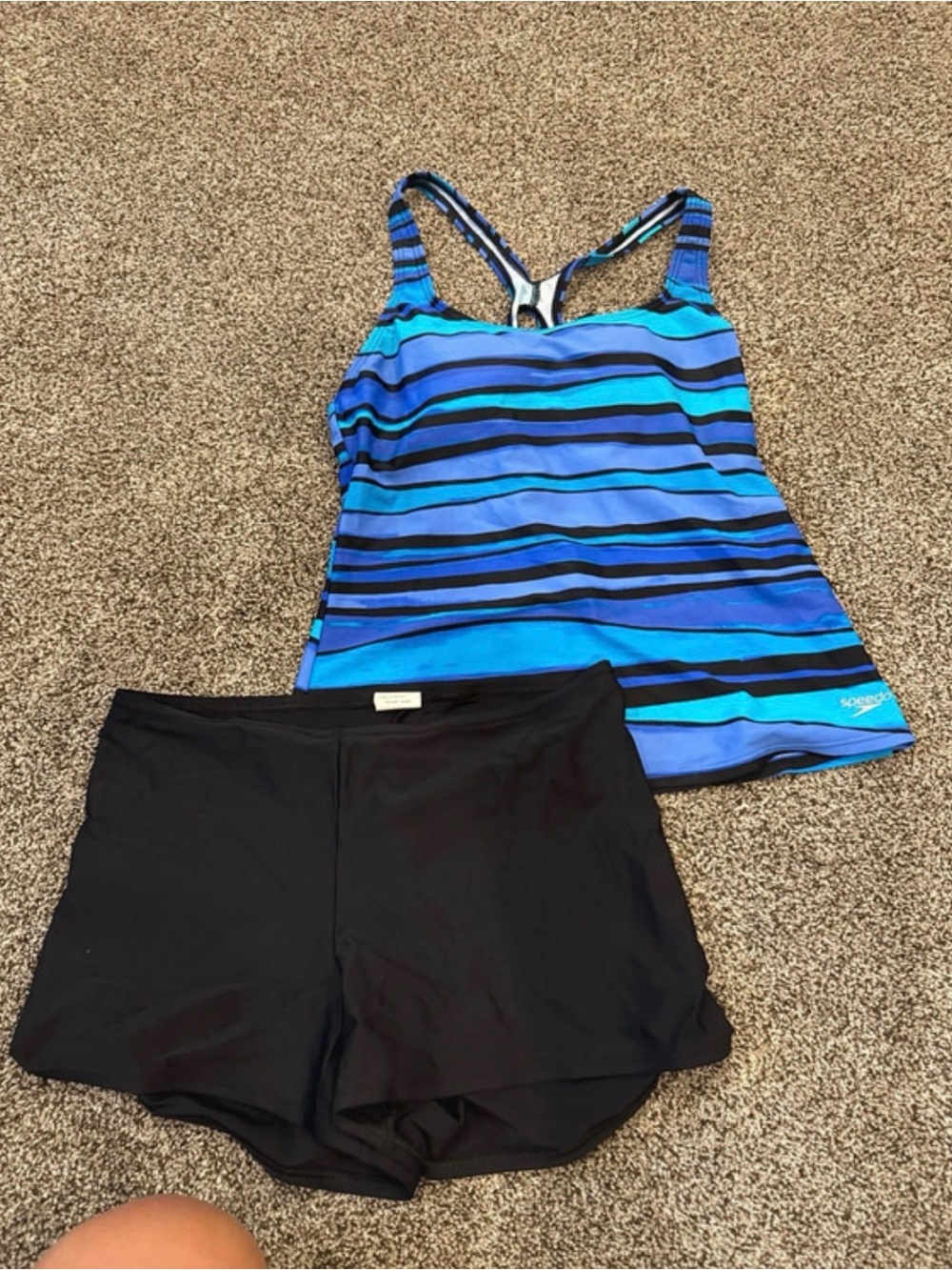 Speedo Blue and Black Striped Tankini Top with Black Swim Shorts